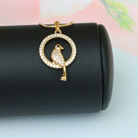 "Rose Gold Bird Pendant with Sparkling Crystals in Circular Frame, XPPT1525 - Picture 3 of 13